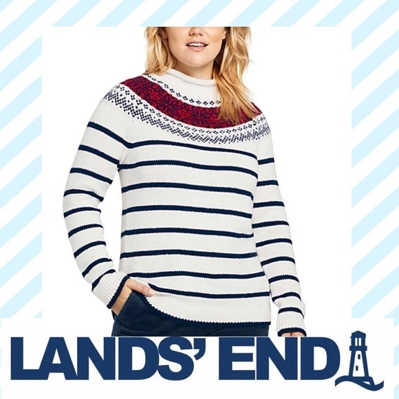 🔥 Land’s End NWT Roll Neck Cream Sweater red & blue 1X - Picture 2 of 11